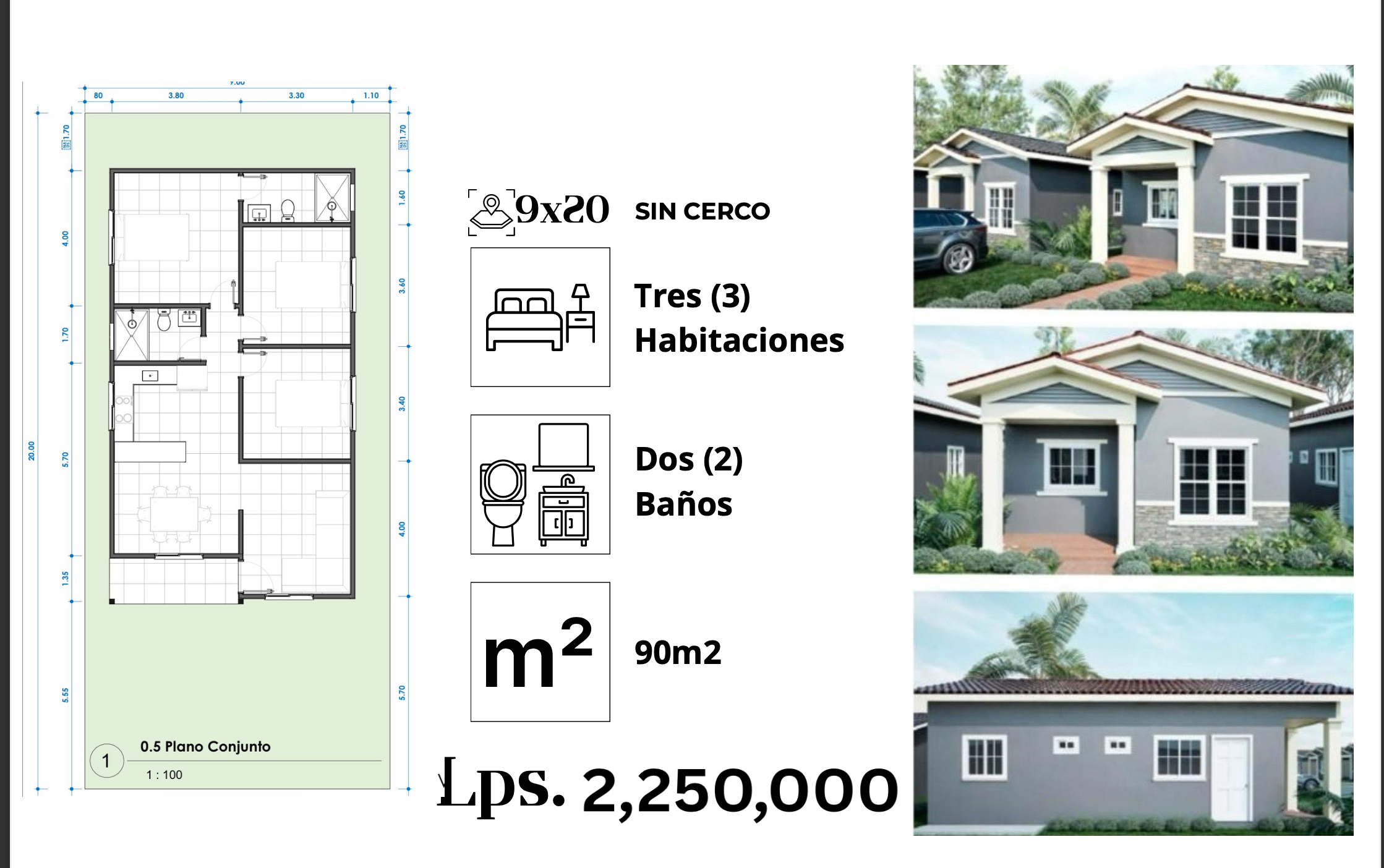 Casa familiar de 3 habitaciones y 2 baños en Villas del Bosque